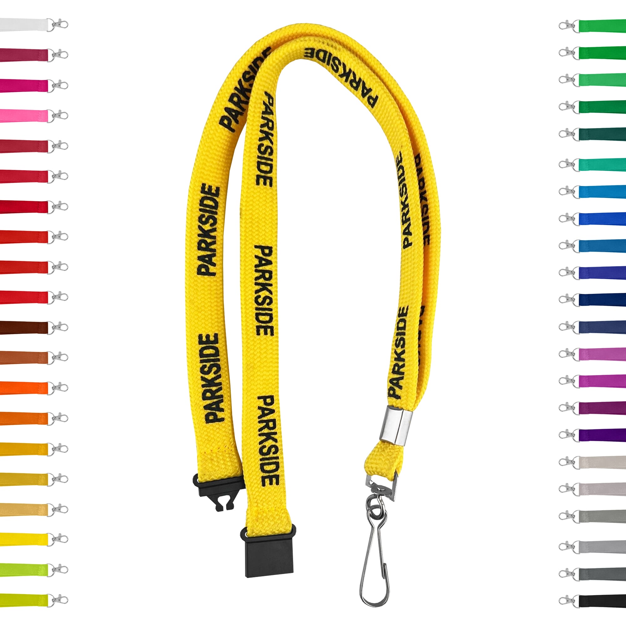A yellow tubular lanyard with a clip, featuring a logo and surrounded by various colour options. Tubular Lanyards – 10mm - Image 1