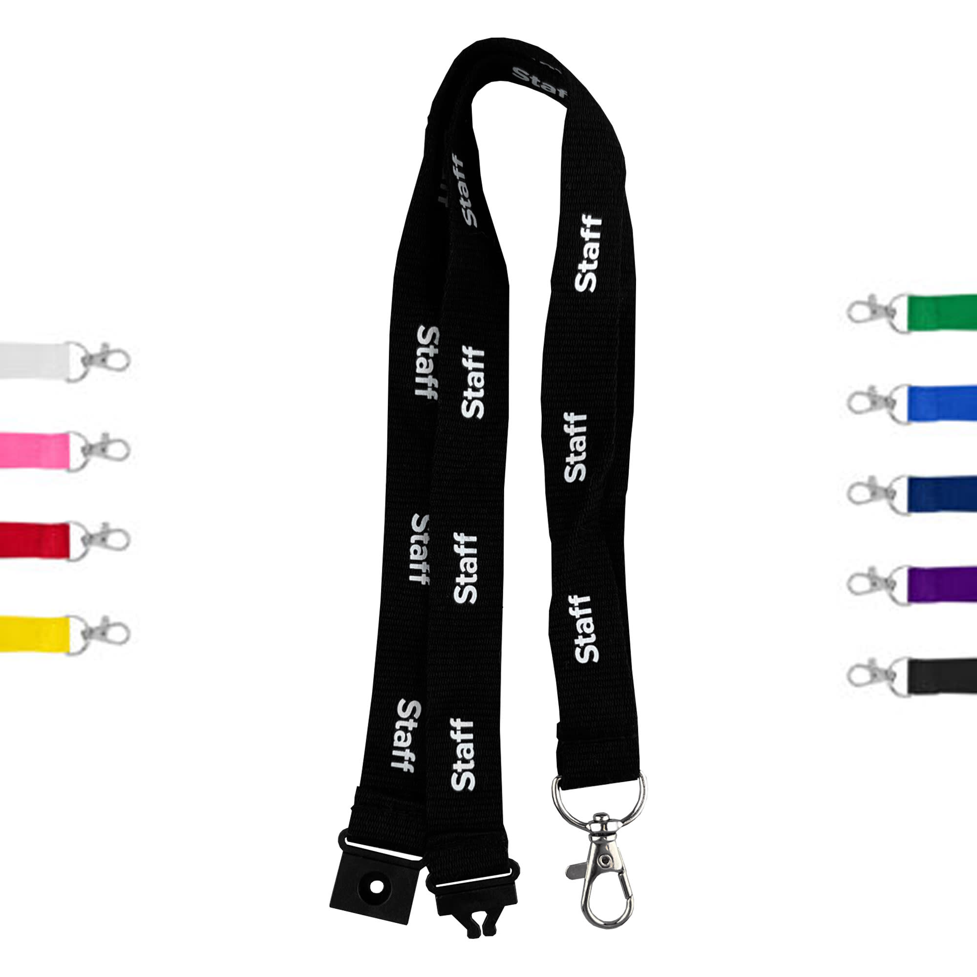 A black bamboo lanyard with the word "Staff" printed on it, featuring a clip for attachment. Available in various colours. Bamboo Lanyard 20mm - Image 1