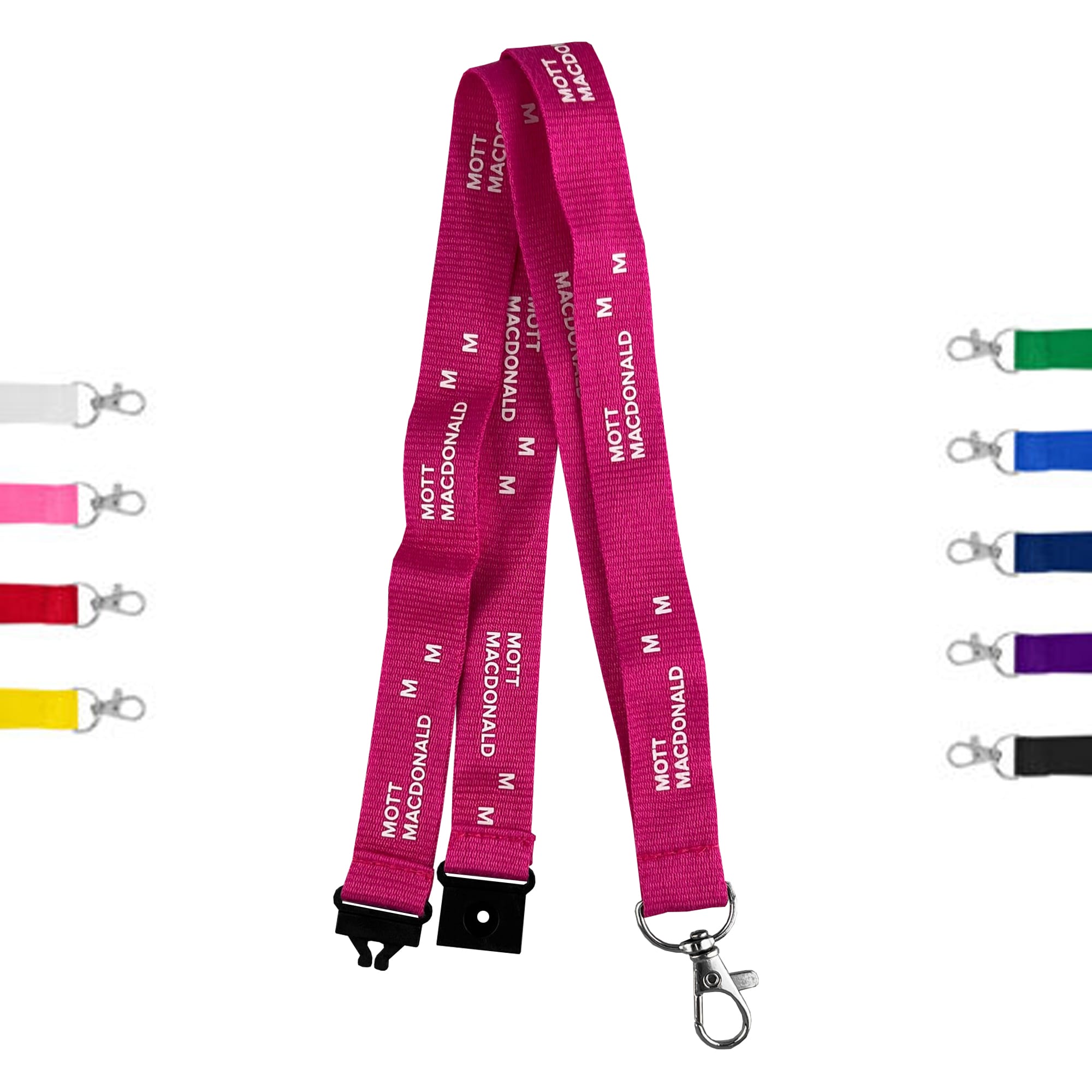 A 20mm cotton lanyard in vibrant pink with a clip, featuring a branded logo and available in various other colours. Cotton Lanyard 20mm - Image 1