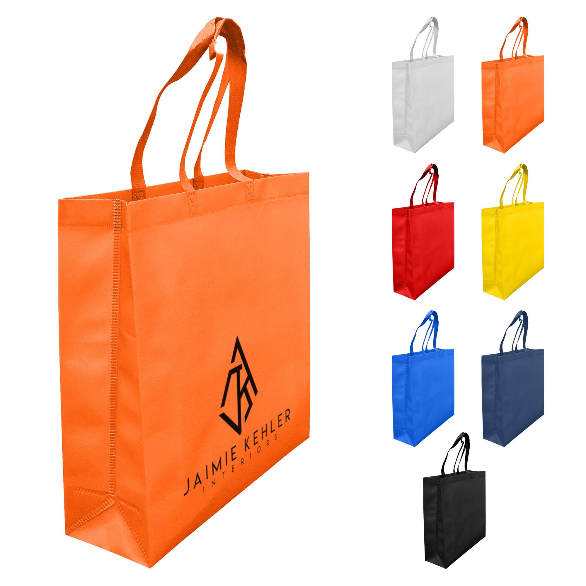 Laminated non-woven tote bag with a large gusset, available in orange, red, yellow, blue, black, white, and grey, featuring a logo. Laminated Non Woven Bag with Large Gusset - Image 1