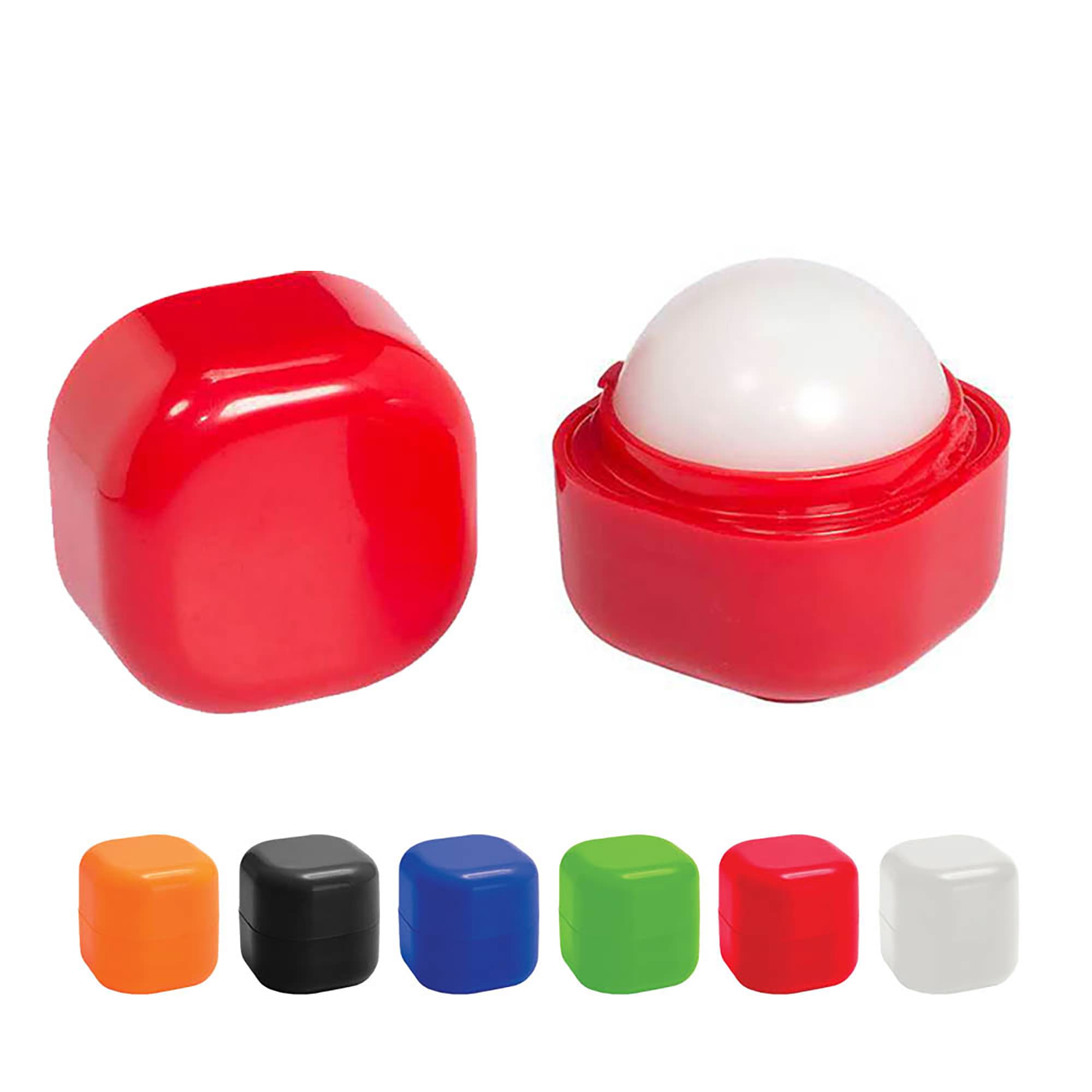 A red lip balm cube with a white applicator top, alongside other coloured cube options including orange, black, green, and blue. Lip Balm Cube - Image 1