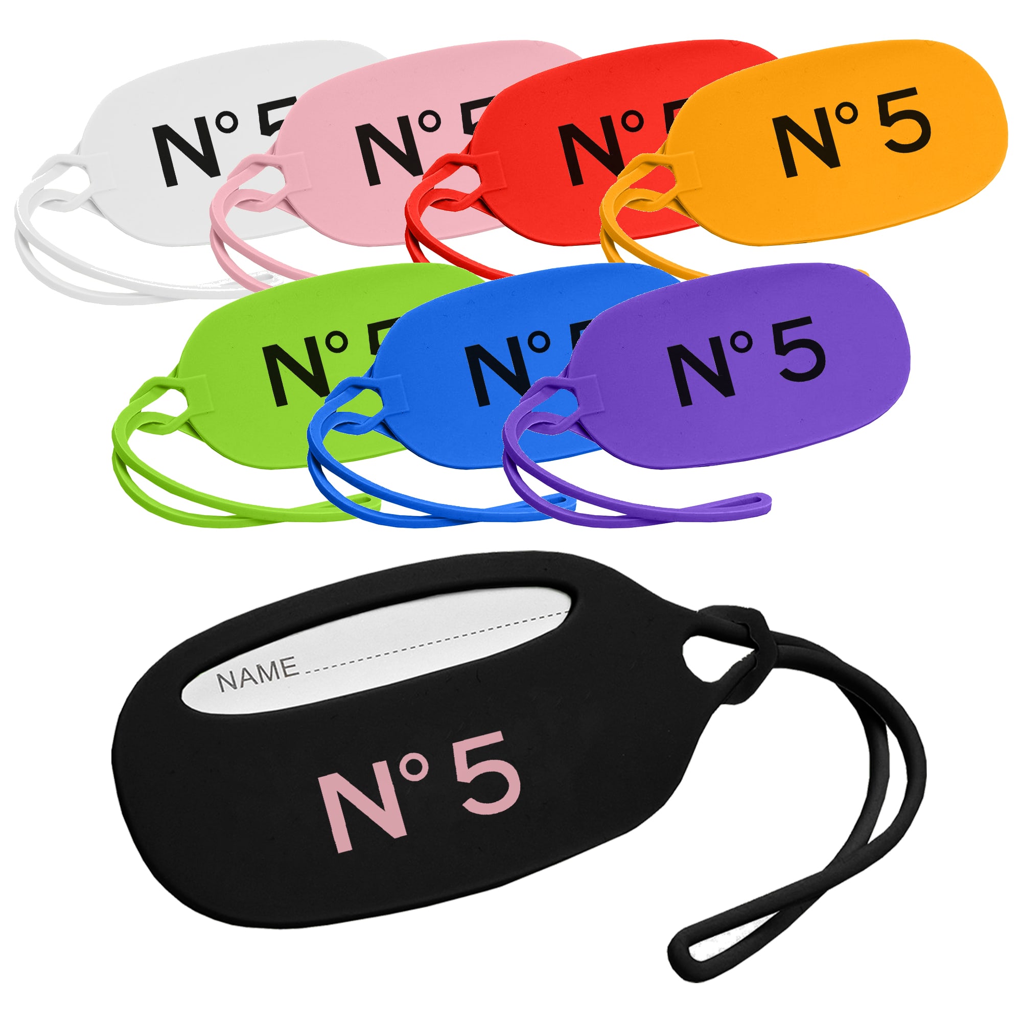 Eight silicone luggage tags in various colours, featuring a slot for writing a name and a logo on each tag. Danta Silicon Luggage Tag - Image 1