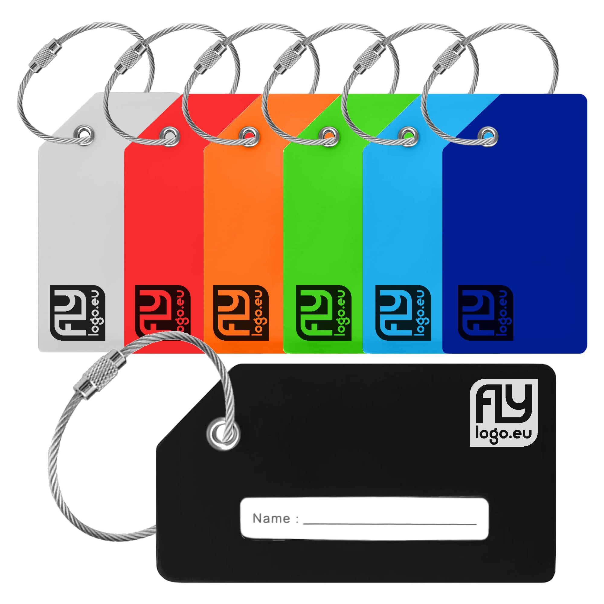 A set of silicon luggage tags in various colours including white, red, orange, green, blue, and black, each with a logo. Westflag Silicon Luggage Tag - Image 1