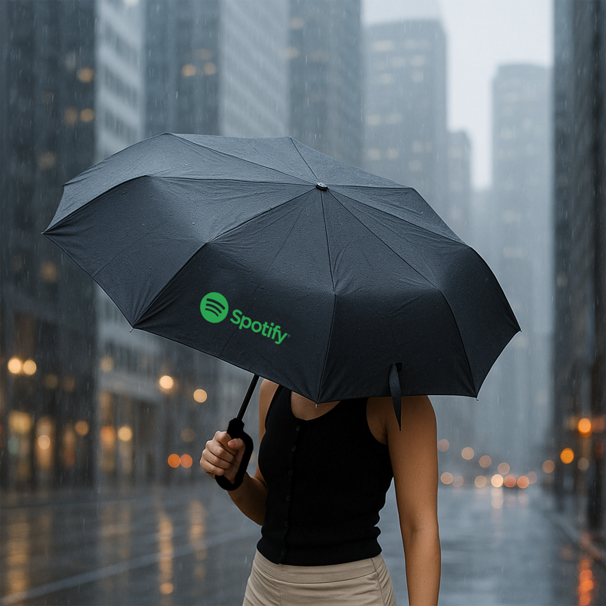 A black foldable umbrella featuring a logo, held by a person in a rainy city setting. The Ombra Foldable Umbrella - Image 1