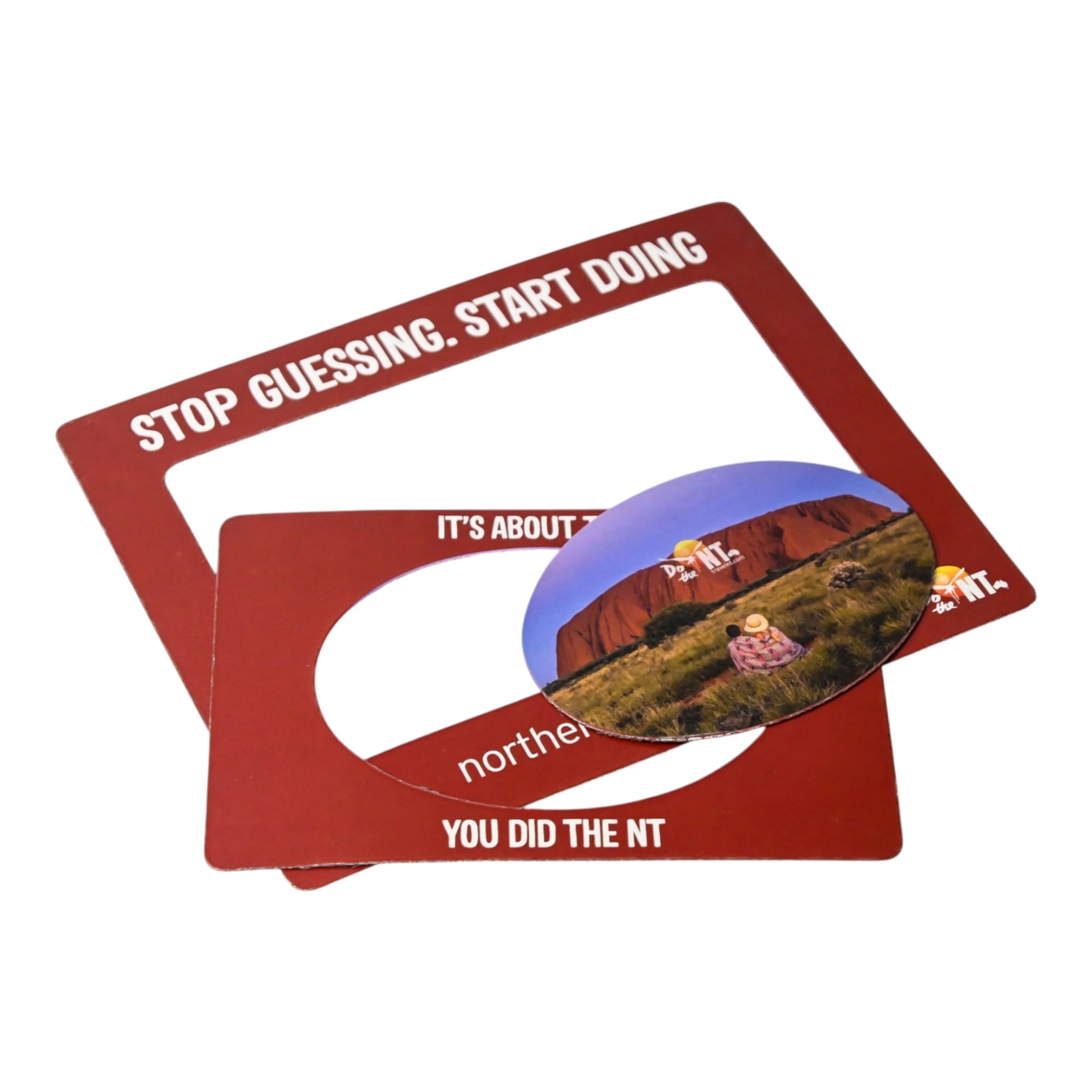 A magnetic photo frame in red featuring a circular cut-out and includes a printed photo. Magnetic Photo Frame (145mm x 180mm) - Image 1