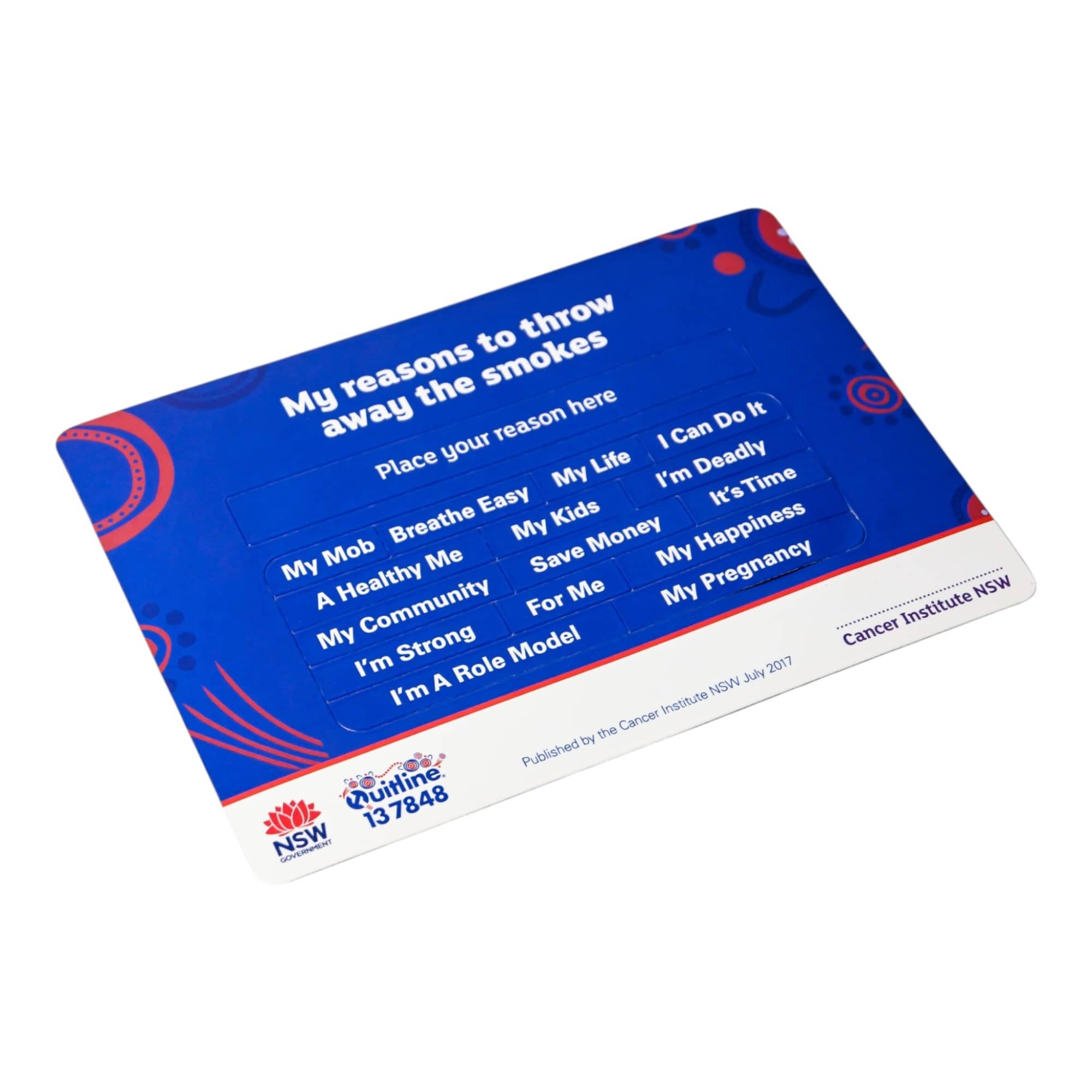 A rectangular card featuring a blue background with various reasons to quit smoking listed. It includes a logo. Magnetic Poetry - Image 1