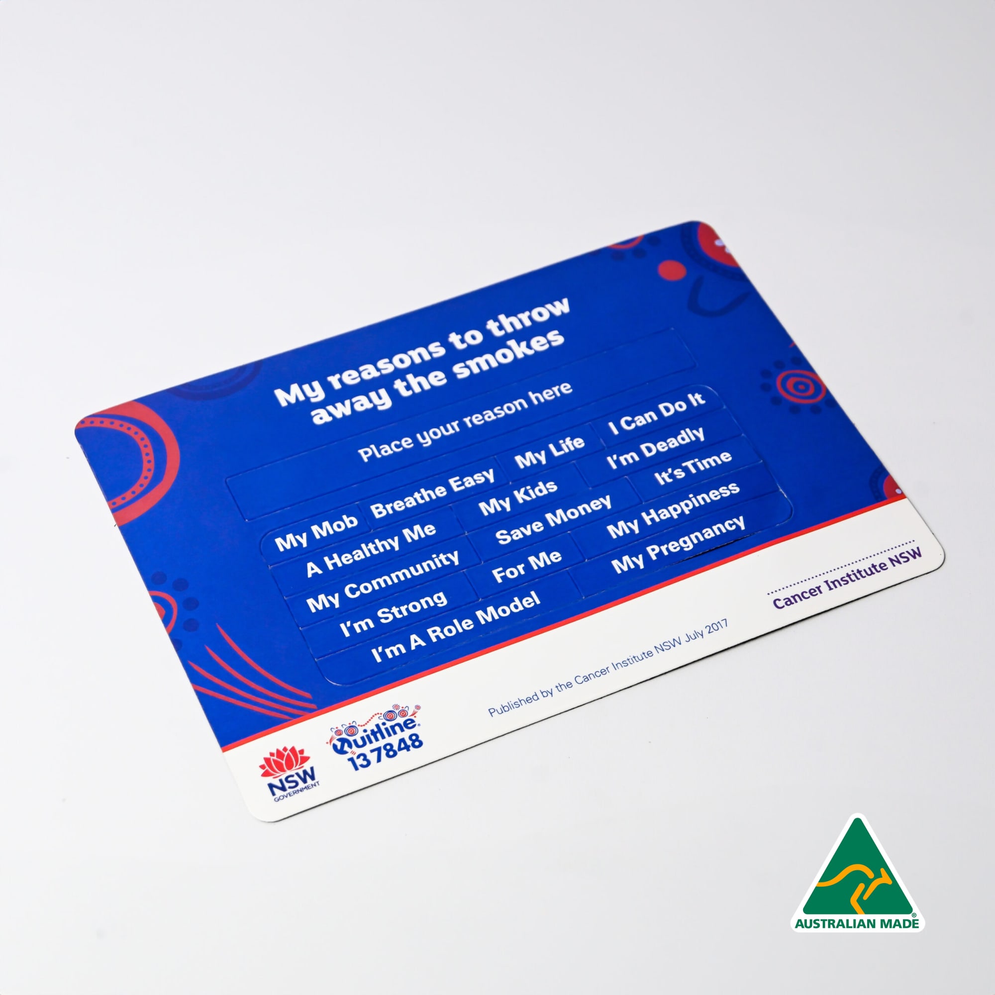 A colourful promotional card with various reasons to quit smoking, featuring bold text in blue and red, and a logo at the bottom. Magnetic Poetry - Image 1