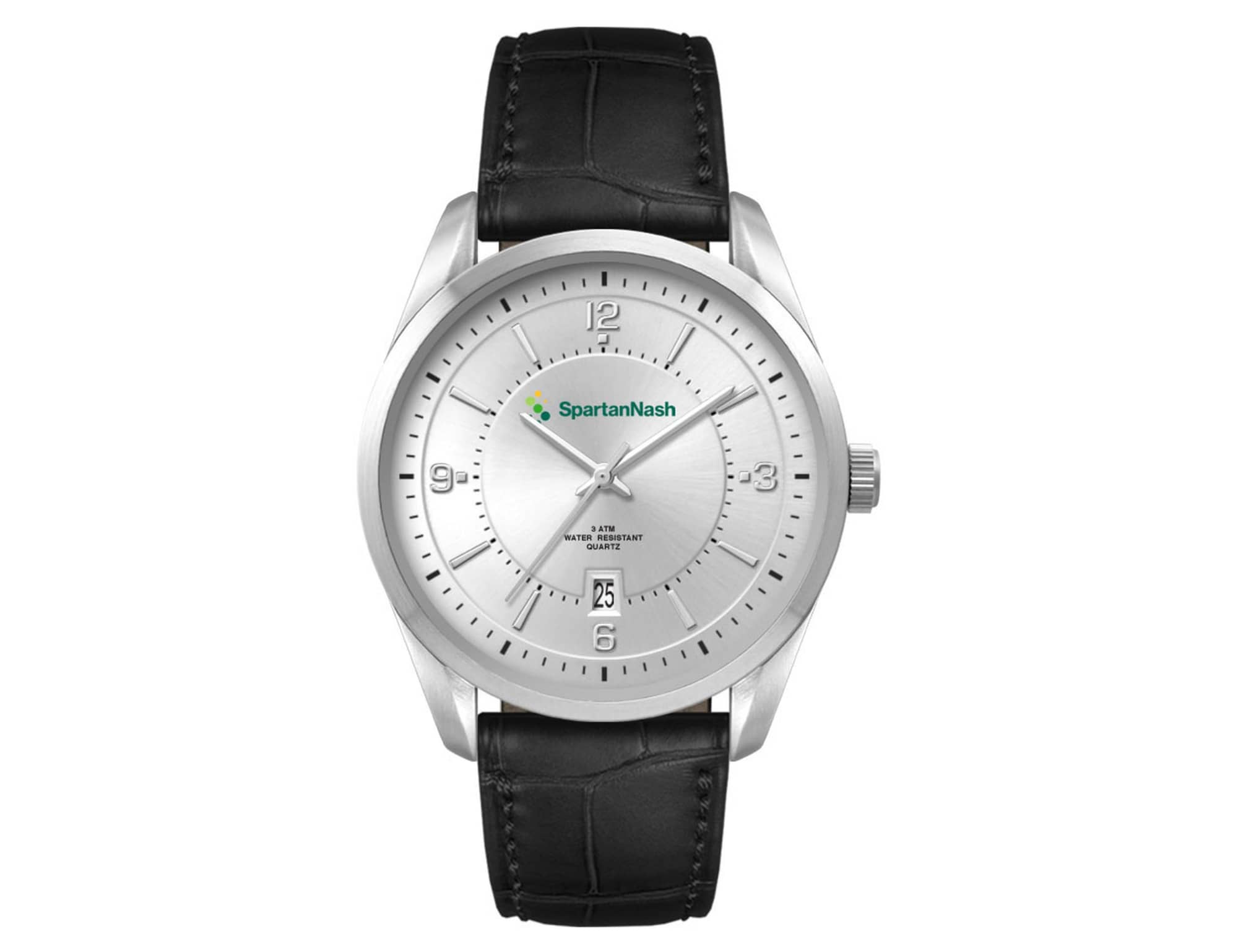 A men's casual dress watch featuring a silver face and a black leather strap, with a prominent logo on the dial. Mens Casual Dress Watch, Leather Strap - Image 1
