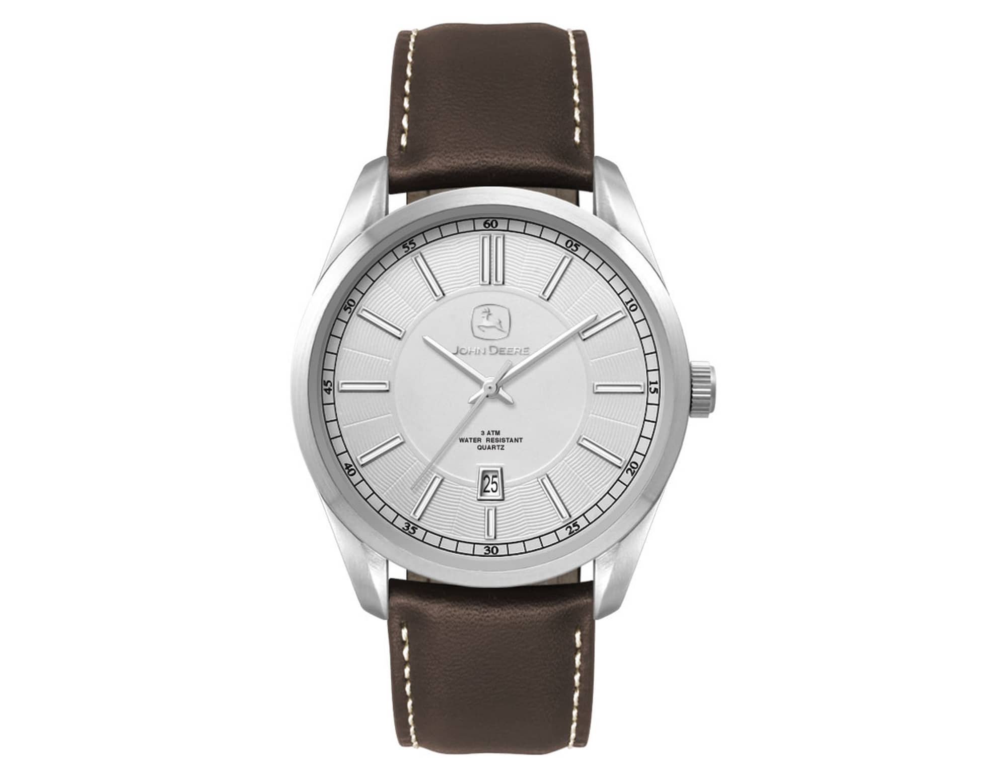 A men's casual dress watch featuring a silver dial, stainless steel case, and brown leather strap. The watch has a logo. Mens Casual Dress Watch, Leather Strap - Image 1