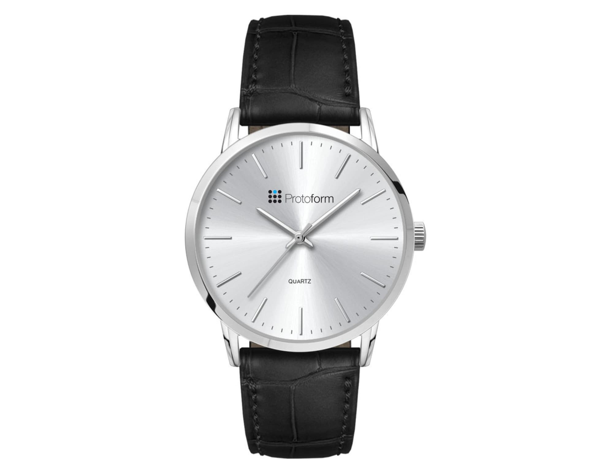 A men's dress watch featuring a silver dial and a black leather strap, with a sleek, minimalist design. Mens Dress Watch, Leather Strap - Image 1