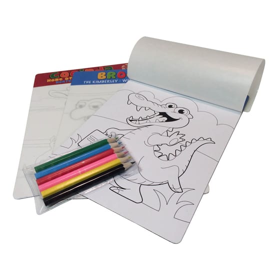 A set of colouring sheets featuring a cartoon dinosaur, with coloured pencils in pink, yellow, green, blue, and black. Colour Your Own Magnet (Portrait Orientation) - Image 1