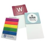 A set of magnetic bookmarks in vibrant pink, yellow, green, and blue, along with branding elements.