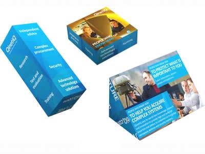 Three boxes of promotional products in blue and yellow, featuring various angles and images of people and technology. Magic Crystal - Image 1