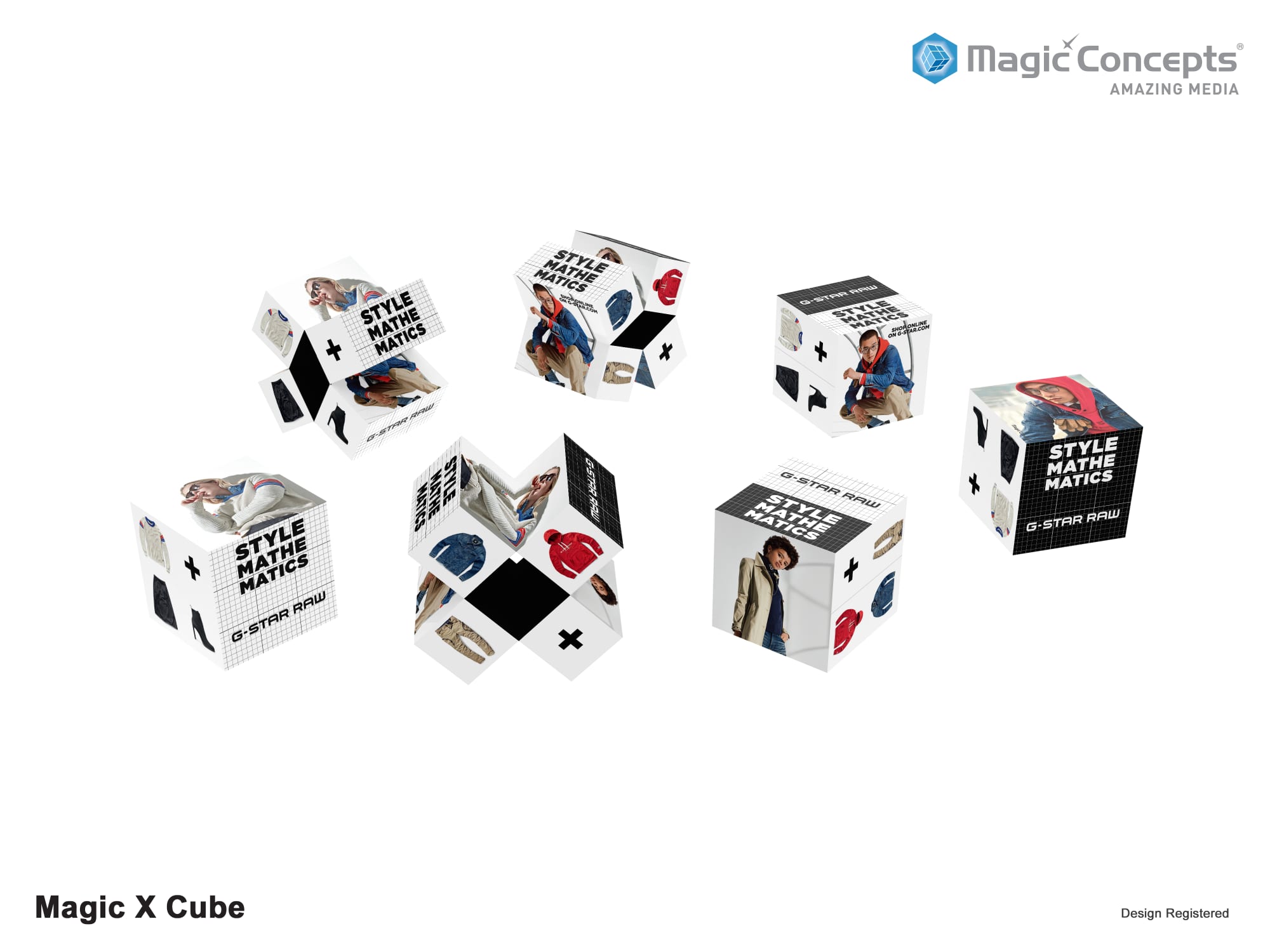 A set of colourful cubes featuring various designs and images, along with a logo, displayed in an assortment. Magic X Cube 5cm - Image 1
