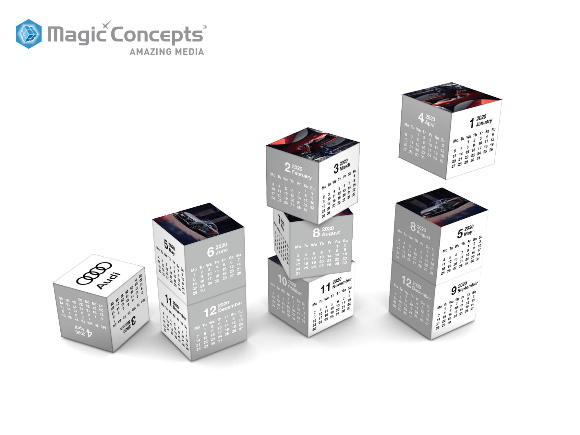 A set of six cube calendars in grey and white, featuring images and a logo on the top faces. Magic 360 Square - Image 1