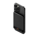 A black magnetic wireless power bank attached to a smartphone, featuring a sleek design and slim profile.