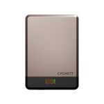 A sleek, gold and black Cygnett MAGSLIM Magnetic Wireless Power Bank, featuring a digital battery indicator.