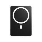 A black magnetic wireless power bank featuring a circular design and a small indicator. It includes a logo.