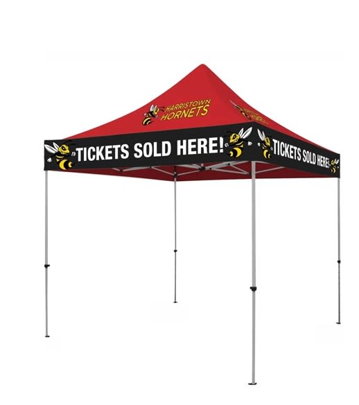A red marquee tent with a triangular canopy and a banner featuring a logo. Sturdy metal frame with four legs. Marquee 2m x 2m frame & canopy - Image 1