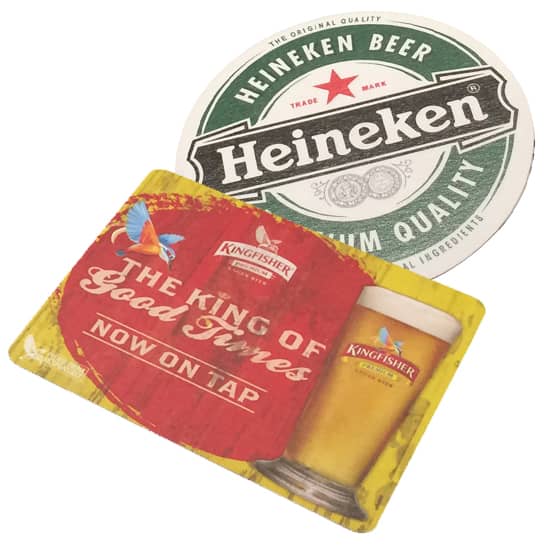 Two double-sided coasters featuring colourful designs, one for Heineken and the other for Kingfisher beer. Board coasters one sided - Image 1