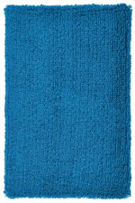 A fluffy blue wristband with a soft texture, featuring a logo. Positioned against a white background.