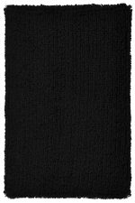 A fluffy black wristband with a textured surface, featuring a logo or branding.
