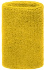 A yellow wristband made of soft, textured material, featuring a logo or branding.