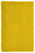 A fluffy yellow wristband with a textured surface and an attached logo.