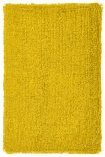 A bright yellow, textured wristband with a fuzzy surface, featuring a simple design.