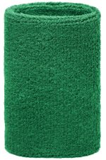 A green sporty wristband made of soft fabric, featuring a logo on its surface.