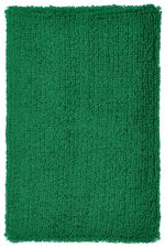 A textured green wristband made of soft material, featuring a logo or branding.