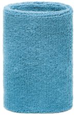 A blue sporty wristband made of soft terry fabric, ideal for events and exhibitions. Features a logo.
