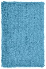 A fuzzy blue wristband with a plush texture, designed for sporting events, featuring a logo.