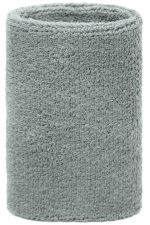 A grey terry cloth wristband with a textured surface, cylindrical in shape, featuring a logo.