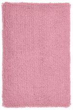 A pink sporty wristband made of soft, textured material, featuring a logo.