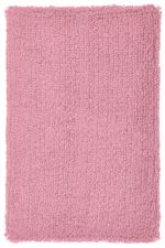 A fluffy, pink, rectangular wristband with a soft texture. It features a logo in one corner.