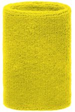 A bright yellow sporty wristband with a textured finish, featuring a logo.