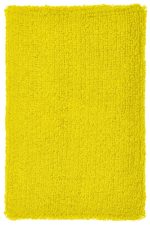 A fluffy, bright yellow wristband with a textured surface. It features a logo on one side.