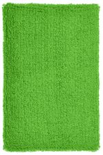 A vibrant green wristband made of textured material, featuring a logo on one side.