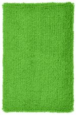 A fluffy green wristband with a textured surface, featuring a logo on one side.