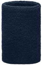A navy blue wristband made of soft fabric, featuring a logo on its surface.