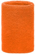 An orange wristband made of textured fabric, designed for events and exhibitions. It has a simple, clean design.