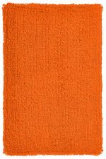 An orange, textured wristband with a soft, fluffy surface, featuring a logo.