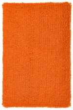 An orange textured wristband with a soft, fluffy surface, featuring a logo.