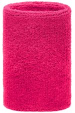 A bright pink sporty wristband made of soft, textured fabric, featuring a circular design.