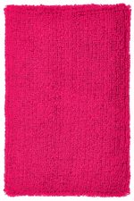 A bright pink fluffy wristband featuring a soft texture, suitable for events and exhibitions. It has a logo.