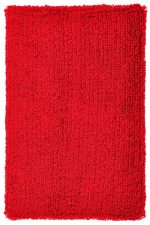 A plush red wristband with a textured surface, designed for events and exhibitions. It features a branding logo.