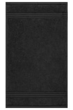 A black hand towel featuring textured stripes and a branding logo. Perfect for guest use.
