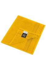 A yellow guest towel featuring a loop tag and striped design, with a logo displayed on the fabric.