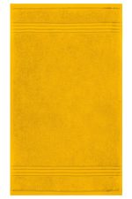 A yellow hand towel featuring textured stripes and a branding logo. Ideal for personal use.